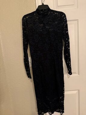 Ganni Black and navy Lace Long-Sleeve Midi Dress